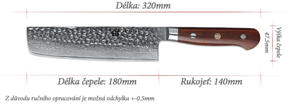 Nakiri nůž XinZuo Yun B9H 7" - rozměry nože